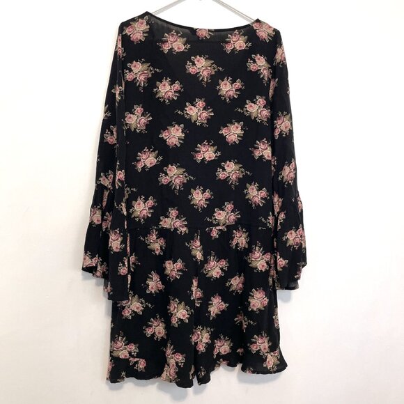 AMERICAN EAGLE AEO AE Wrap Romper Black Pink Floral Rose Long Sleeve Bell Sleeve - Picture 13 of 16